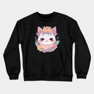 Cat cute kawaii with a flower crown Crewneck Sweatshirt